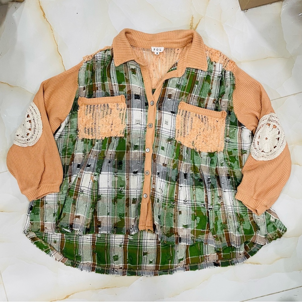 Pol Distressed Crochet Patchwork Oversized Balloo… - image 5